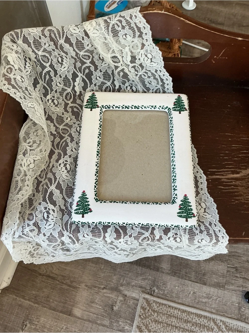 White Picture Frame with Green Christmas Tree Accents -
